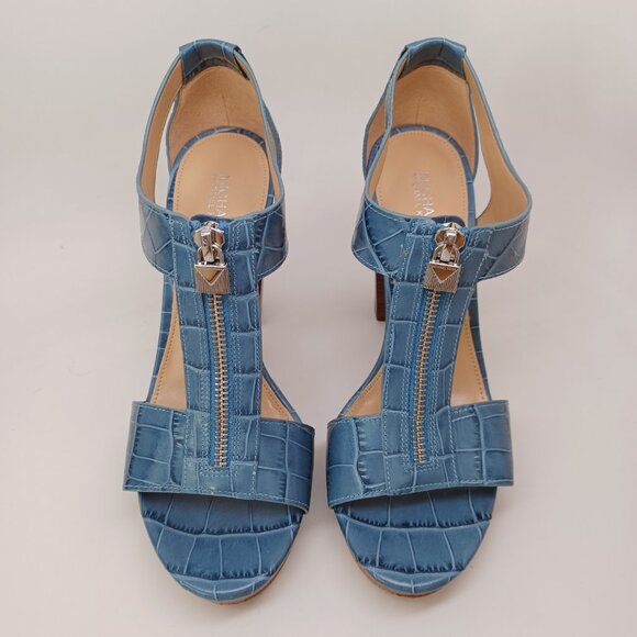 Michael Kors Heels Blue Leather Zip Front Platform Sandals Berkley Womens 7 - Picture 3 of 15